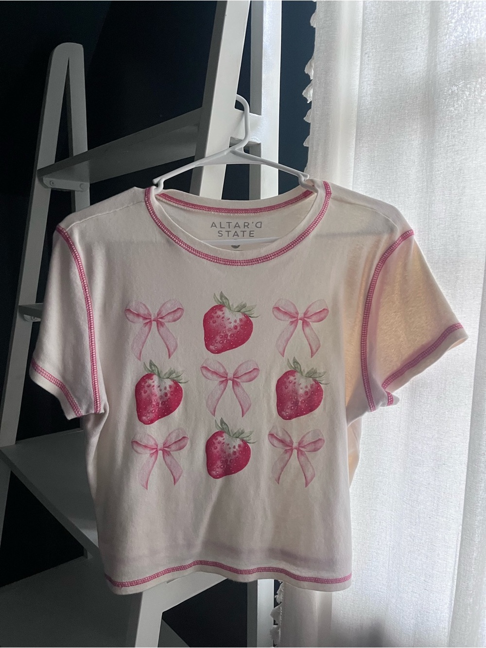 Altar'd State White Tee with Pink Strawberry & Bow Graphics